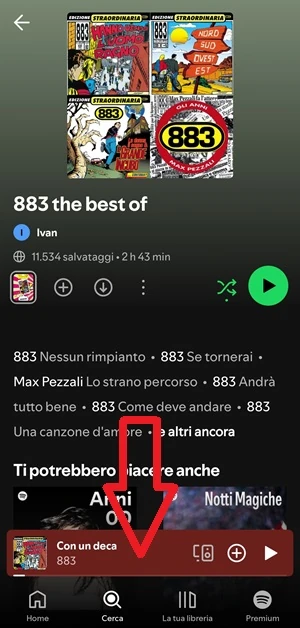 schermata brano musicale con una freccia che indica il nome del brano in ascolto
