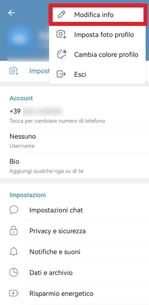 dalla schermata laterale di telegram è selezionata dal menu la voce modifica profilo