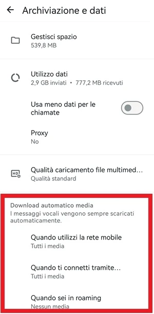 dalla pagina archiviazione e dati di whatsapp la sezione download automatico media è messa in evidenza con una cornice rossa