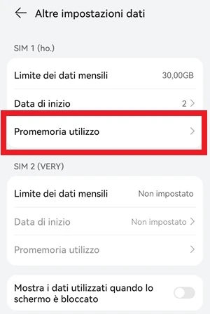 schermata altre impostazioni dati di android con la voce promemoria utilizzo messa in evidenza