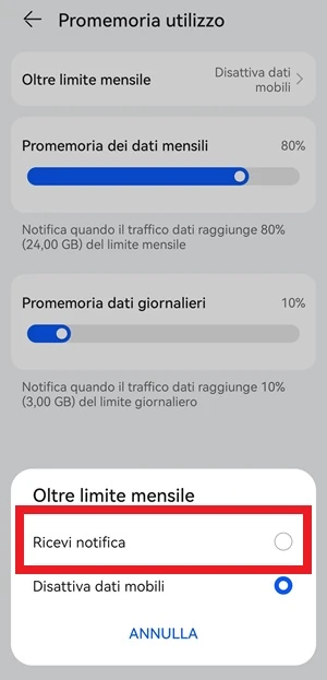 pagina promemoria utilizzo delle impostazioni di android con selezionata l'opzione ricevi notifica