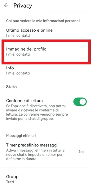 schermata di whatsapp privacy da cui si può accedere alla pagina immagine del profilo per modificare chi può vedere la foto profilo