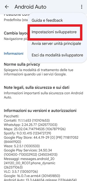 selezionata la voce impostazioni sviluppatore dall'app android auto del telefono