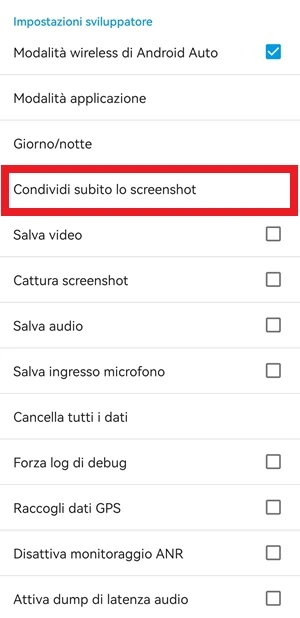 impostazioni sviluppatore di android audo con messa in evidenza la voce condividi subito lo screenshot