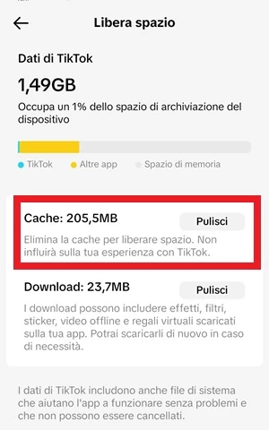 schermata libera spazio di tiktok con il pulsante pulisci e la voce cache in evidenza con una cornice rossa intorno