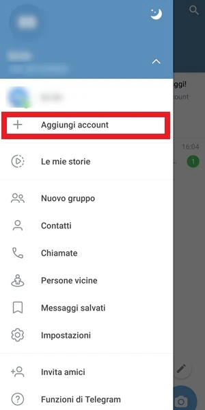 dalla finestra laterale di telegram è selezionata la voce aggiungi account