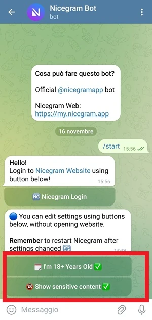 dalla chat con nicegram bot di telegram, sono selezionati i pulsanti i'm 18+ Years old e Show sensitive content
