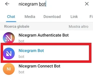 da telegram si è cercato nicegram bot e il risultato ottenuto è evidenziato con una cornice rossa