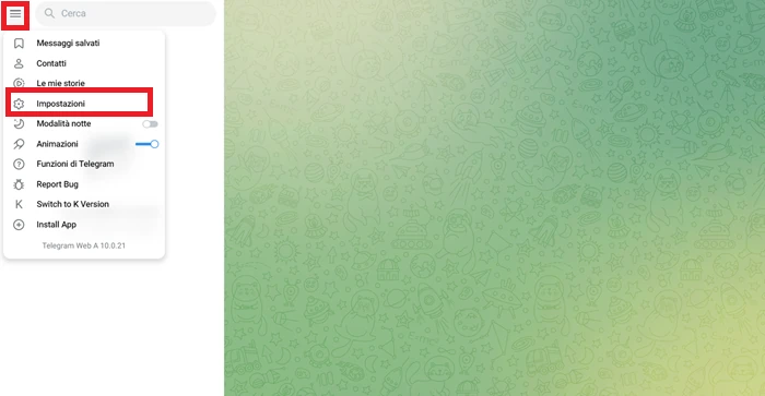 dalla schermata di telegram desktop è in evidenza l'icona menu con 3 linee orizzontali messe una sopra l'altra e la voce impostazioni