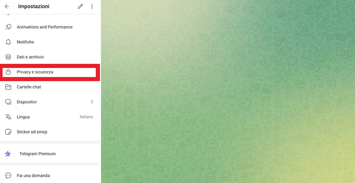 da telegram desktop è selezionata nella finestra laterale delle impostazioni la voce privacy e sicurezza
