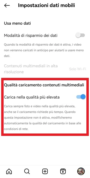 schermata impostazioni dati mobili con l'interruttore di fianco a carica nella qualità più elevata acceso