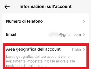pagina informazioni sull'account di tiktok con la voce area geografica dell'account messa in evidenza