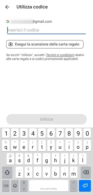 pagina del play store da cui si può inserire il codice con la tastiera