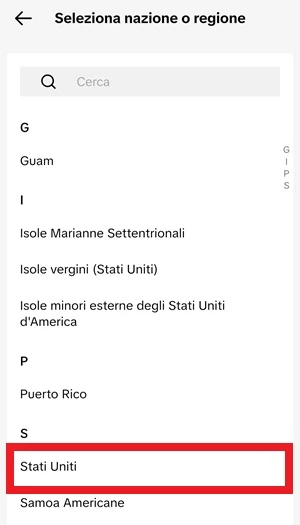pagina seleziona nazione o regione di tiktok con selezionata la voce stati uniti