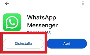 dal play store nella pagina di whatsapp messenger il pulsante disinstalla è in risalto incorniciato in rosso