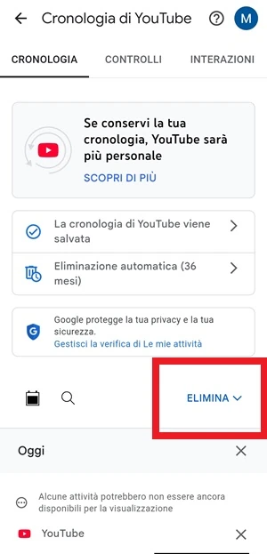 schermata cronologia di youtube con la voce elimina messa in evidenza in un riquadro