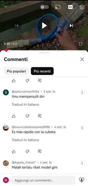 video di youtube con la sezione commenti attiva e i commenti scritti in lingua straniera hanno l'etichetta traduci in italiano