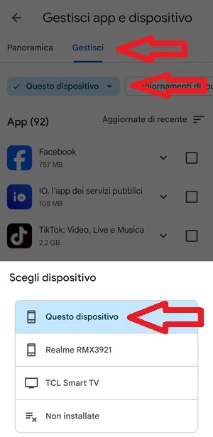 schermata del play store gestisci app e dispositivo con indicate le voci gestisci, questo dispositivo