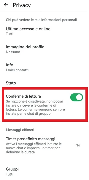 schermata privacy di whatsapp con la voce conferme di lettura con l'interruttore acceso