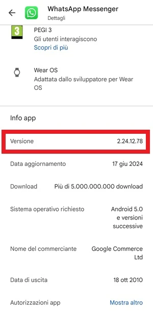 pagina di download dell'app whatsapp messenger con indicata la versione dell'applicazione
