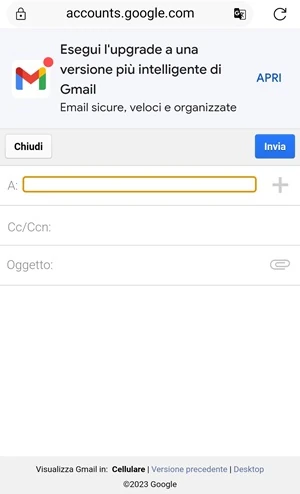 dalla pagina web di gmail viene indicato lo spazio dove inserire l'email da usare e dove si può mettere l'oggetto e testo del messaggio di posta