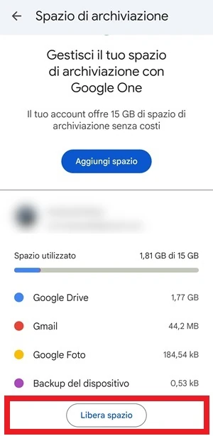 pagina spazio di archiviazione con il pulsante libera spazio in risalto con una cornice rossa