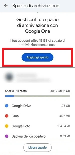 dalla pagina spazio di archiviazione si deve premere il pulsante aggiungi spazio di colore blu