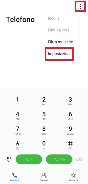 dall'app telefono di android sono in evidenza l'icona con 3 punti in verticale e dal menu la voce impostazioni