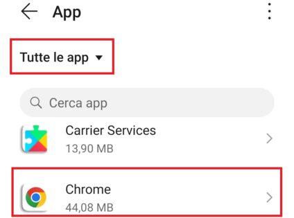 schermata app delle impostazioni di android con selezionata la sezione tutte le app e il browser chrome