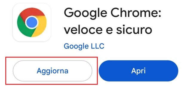 pagina di download di google chrome per android da cui si può toccare il pulsante per aggiornare l'applicazione