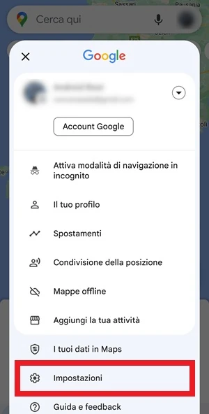da google maps la voce impostazioni è inquadrata per metterla in evidenza con un riquadro rosso