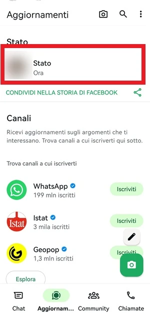 schermata aggiornamenti di whatsapp con la voce stato messa in evidenza con una cornice rossa