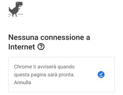pagina del browser chrome con scritto che non è presente nessuna connessione a internet
