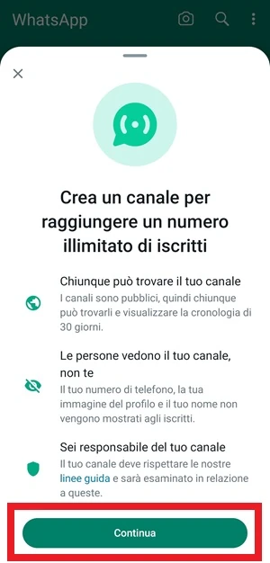 schermata da cui si può creare un canale su whatsapp e in cui è in evidenza il pulsante continua che va toccato