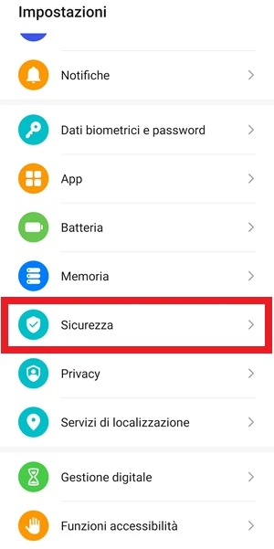 la voce sicurezza delle impostazioni di android è evidenziata con una cornice di colore rosso