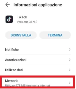 dalla sezione informazioni applicazione delle impostazioni di tiktok è messa in risalto la voce memoria