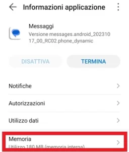 da messaggi nella schermata informazioni applicazione c'è la voce memoria con un riquadro in rosso