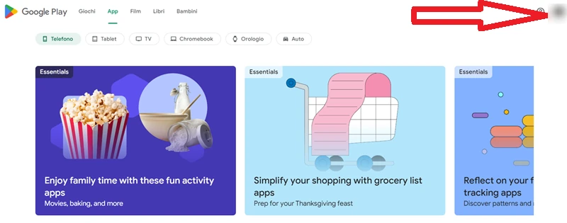 dalla versione web del play store una freccia indica l'icona del profilo