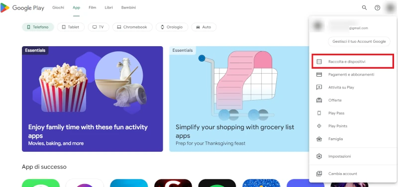 dal menu del play store web è in evidenza la voce raccolta e dispositivi