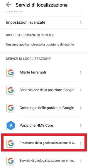 la voce precisione della geolocalizzazione di google è messa in risalto nella pagina servizi di localizzazione