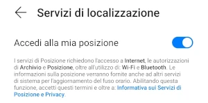 nella pagina servizi di localizzazione di android, l'interruttore di fianco a accedi alla mia posizione è acceso