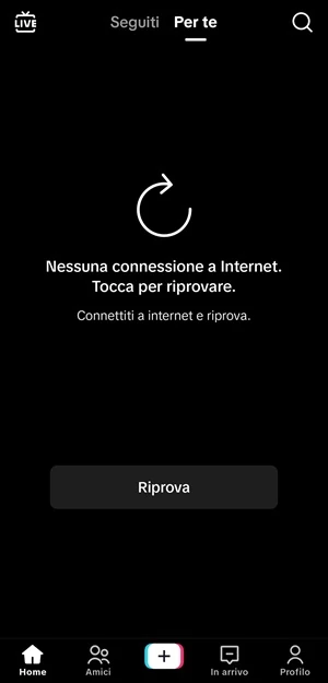 schermata di tiktok nessuna connessione a internet tocca per riprovare