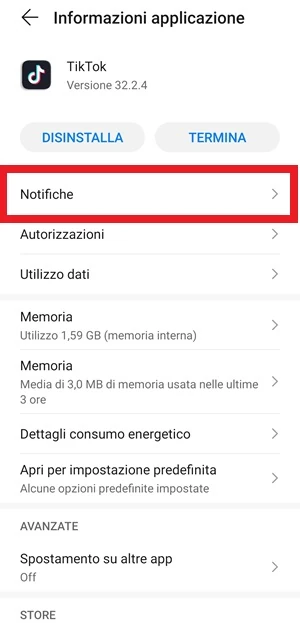 la voce notifiche è in risalto nella schermata informazioni applicazione di tiktok