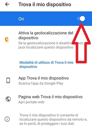 freccia che indica l'interruttore nella sezione trova il mio dispositivo delle impostazioni di android