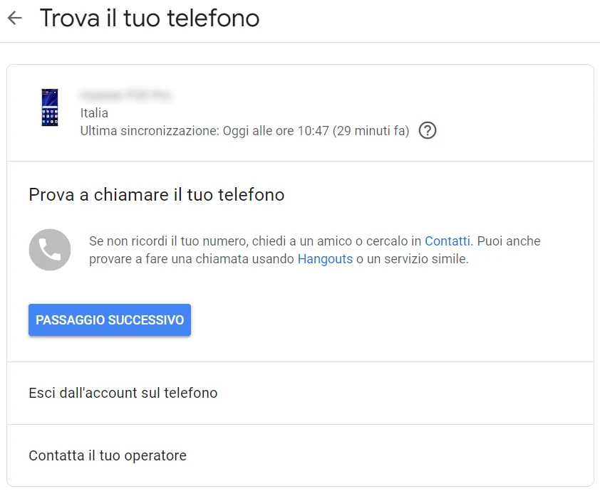 schermata trova il mio telefono di google