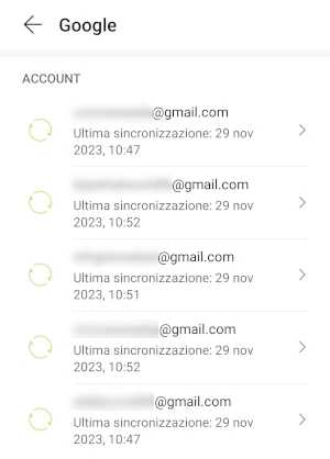 dalla sezione google delle impostazioni di android, c'è un elenco di account gmail