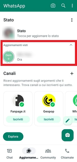 da whatsapp nella sezione aggiornamento è in evidenza la sezione aggiornamenti visti