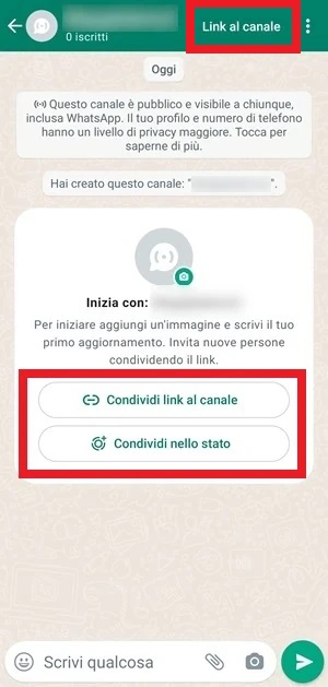 dal canale di whatsapp sono in evidenza la voce link al canale e condividi link al canale e condividi nello stato