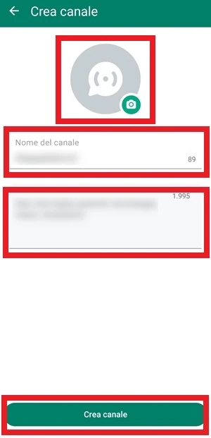 pagina di creazione del canale whatsapp dove si può mettere un'immagina, nome del canale e descrizione del canale, sul fondo della pagina è in risalto il pulsante crea canale