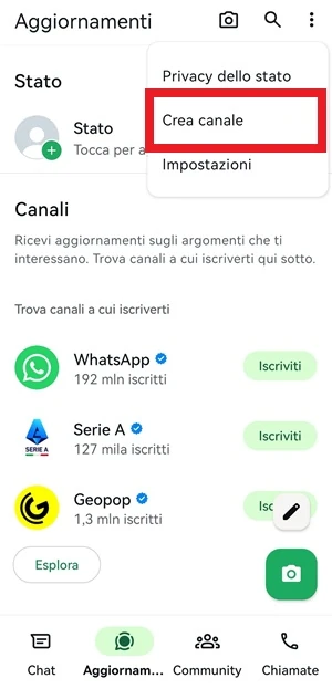 dalla sezione aggiornamenti di whatsapp è in evidenza la voce crea canale nel menu